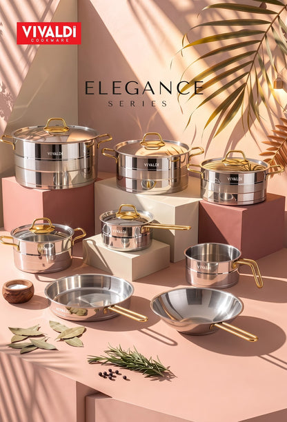 ELEGANCE 13-PIECE STAINLESS STEEL COOKWARE SET - GOLD HANDLES