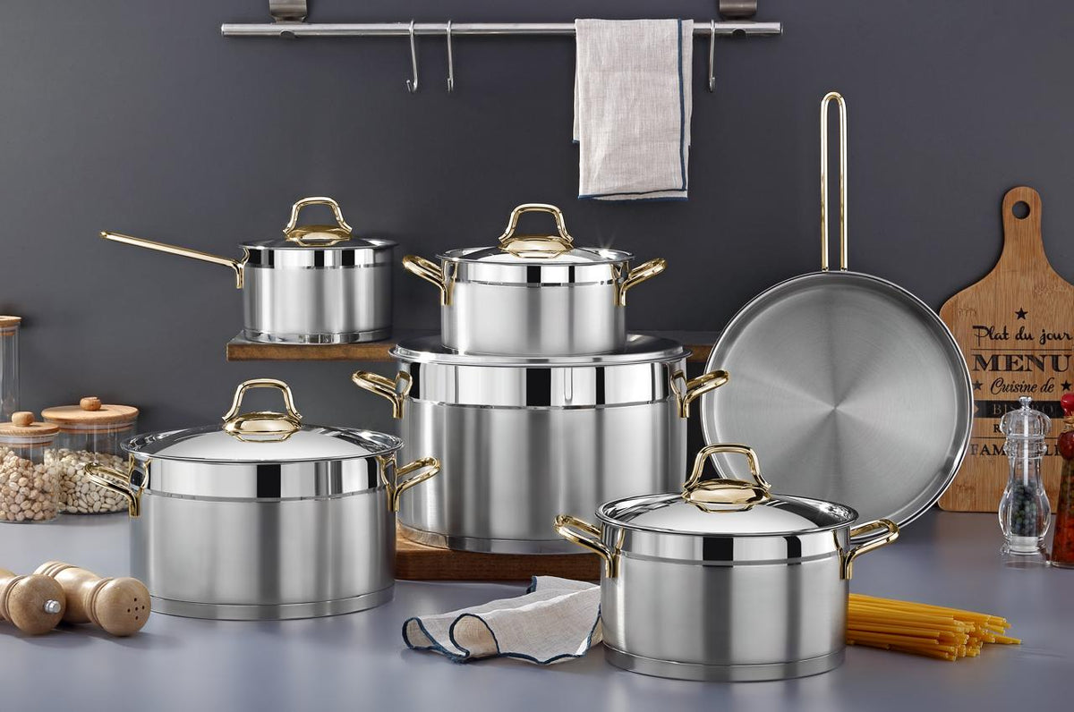 ANKA 11-PIECE STAINLESS STEEL COOKWARE SET - GOLD HANDELS