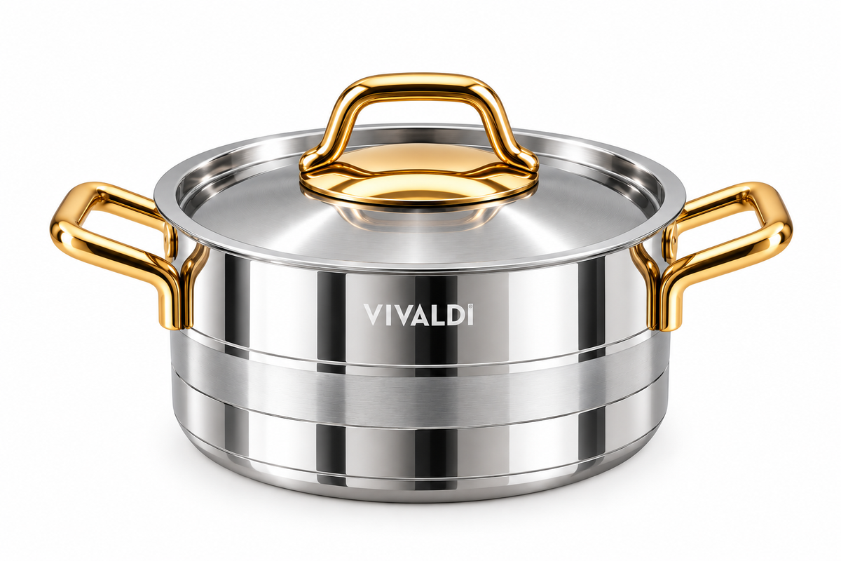 ELEGANCE 13-PIECE STAINLESS STEEL COOKWARE SET - GOLD HANDLES
