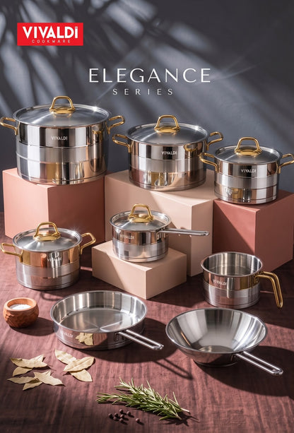 ELEGANCE 13-PIECE STAINLESS STEEL COOKWARE SET - GOLD HANDLES