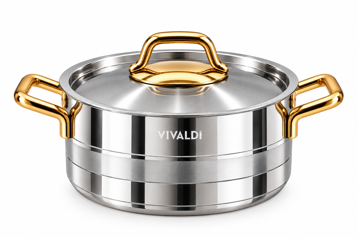 ELEGANCE 13-PIECE STAINLESS STEEL COOKWARE SET - GOLD HANDLES