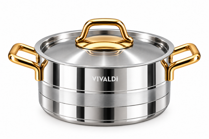 ELEGANCE 13-PIECE STAINLESS STEEL COOKWARE SET - GOLD HANDLES