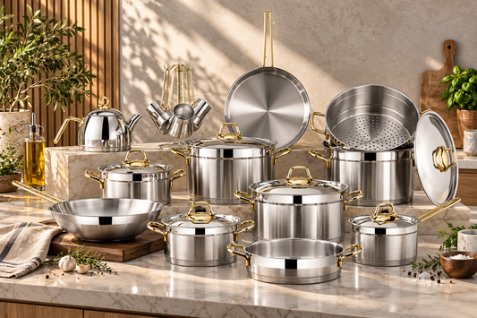 ANKA 22-PIECE STAINLESS STEEL COOKWARE SET - GOLD HANDLES