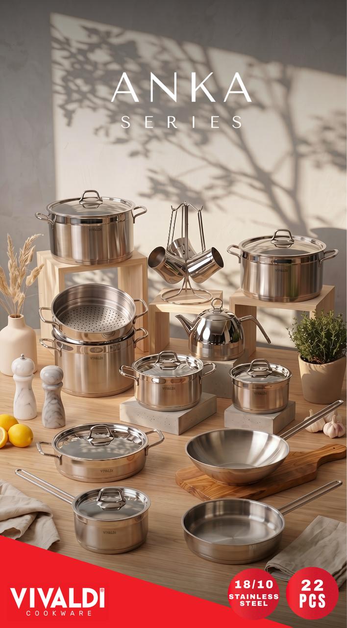 ANKA 22-PIECE STAINLESS STEEL COOKWARE SET - STAINLESS STEEL HANDLES