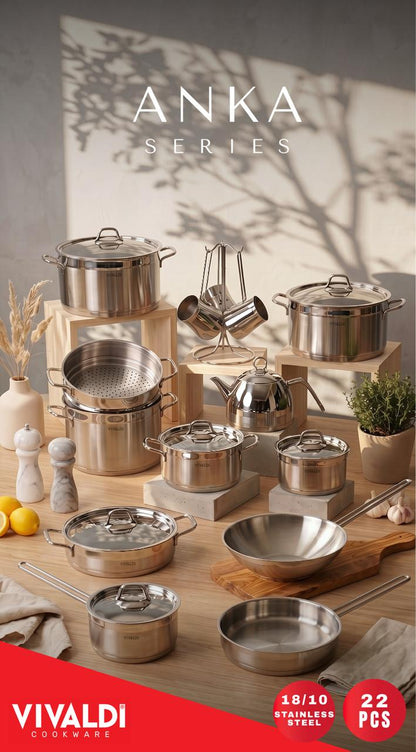 ANKA 22-PIECE STAINLESS STEEL COOKWARE SET - STAINLESS STEEL HANDLES
