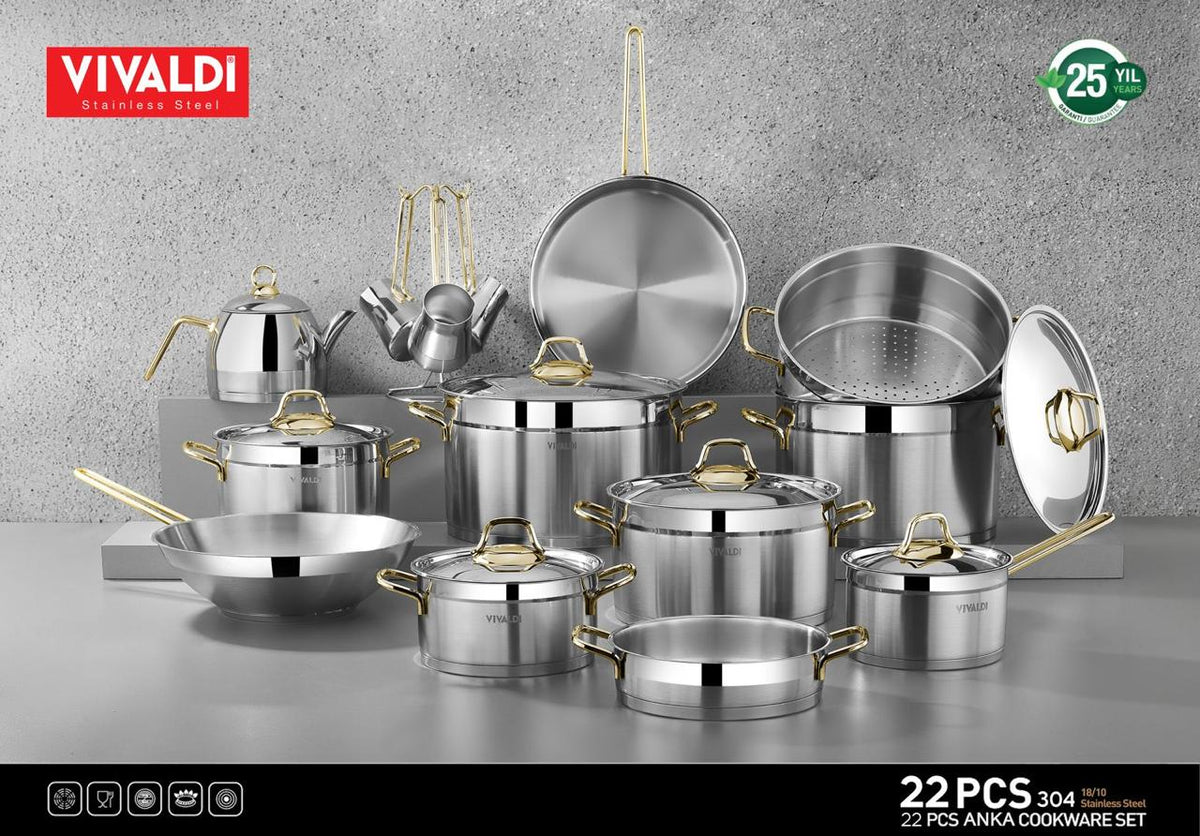 ANKA 22-PIECE STAINLESS STEEL COOKWARE SET - GOLD HANDLES