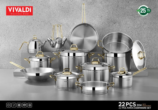 ANKA 22-PIECE STAINLESS STEEL COOKWARE SET - GOLD HANDLES