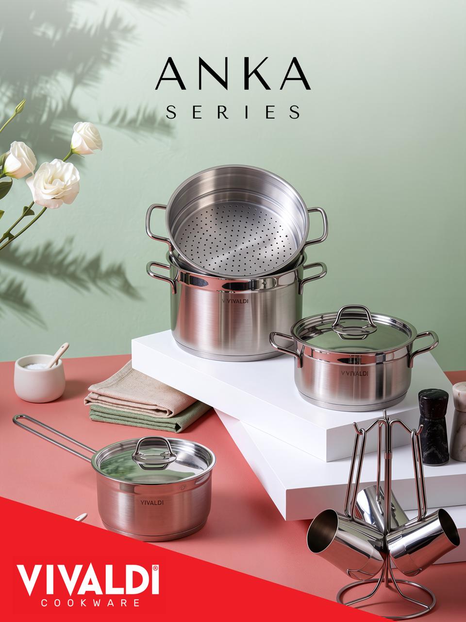 ANKA 22-PIECE STAINLESS STEEL COOKWARE SET - STAINLESS STEEL HANDLES