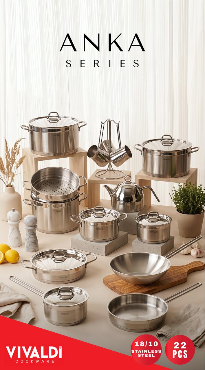 ANKA 22-PIECE STAINLESS STEEL COOKWARE SET - STAINLESS STEEL HANDLES
