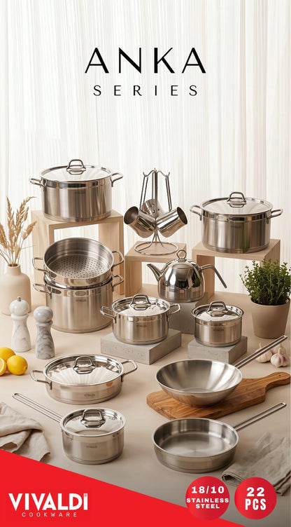 ANKA 22-PIECE STAINLESS STEEL COOKWARE SET - STAINLESS STEEL HANDLES