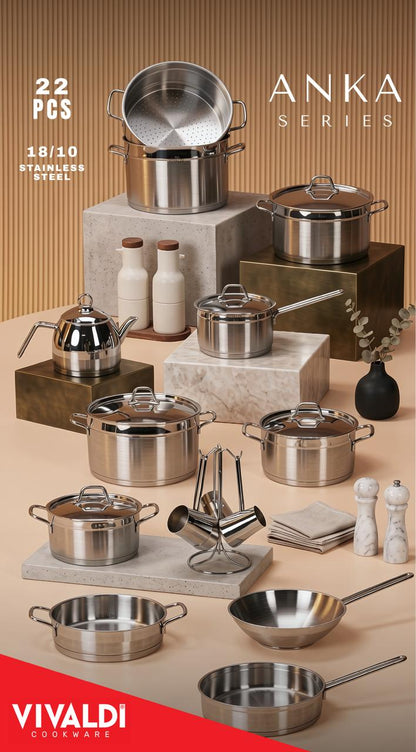 ANKA 22-PIECE STAINLESS STEEL COOKWARE SET - STAINLESS STEEL HANDLES