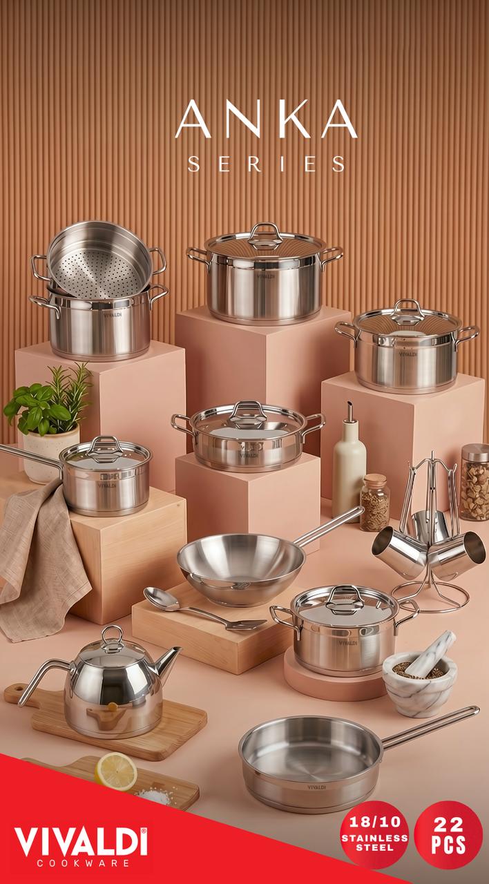 ANKA 22-PIECE STAINLESS STEEL COOKWARE SET - STAINLESS STEEL HANDLES