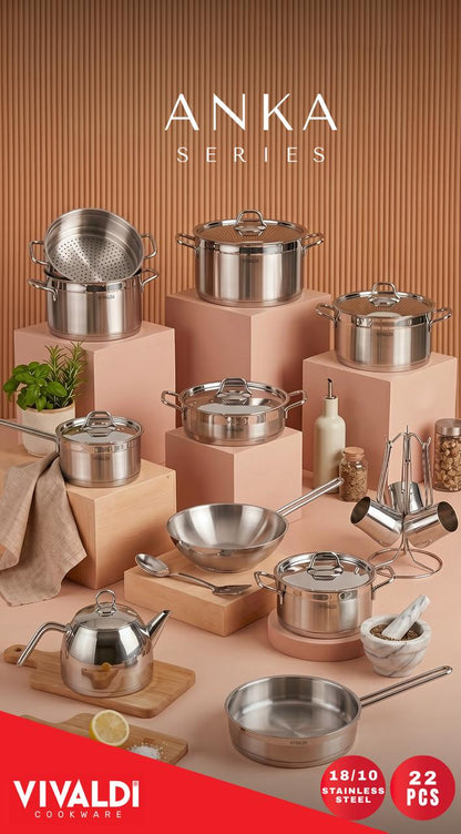 ANKA 22-PIECE STAINLESS STEEL COOKWARE SET - STAINLESS STEEL HANDLES