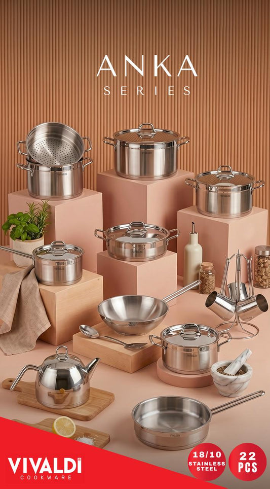 ANKA 22-PIECE STAINLESS STEEL COOKWARE SET - STAINLESS STEEL HANDLES