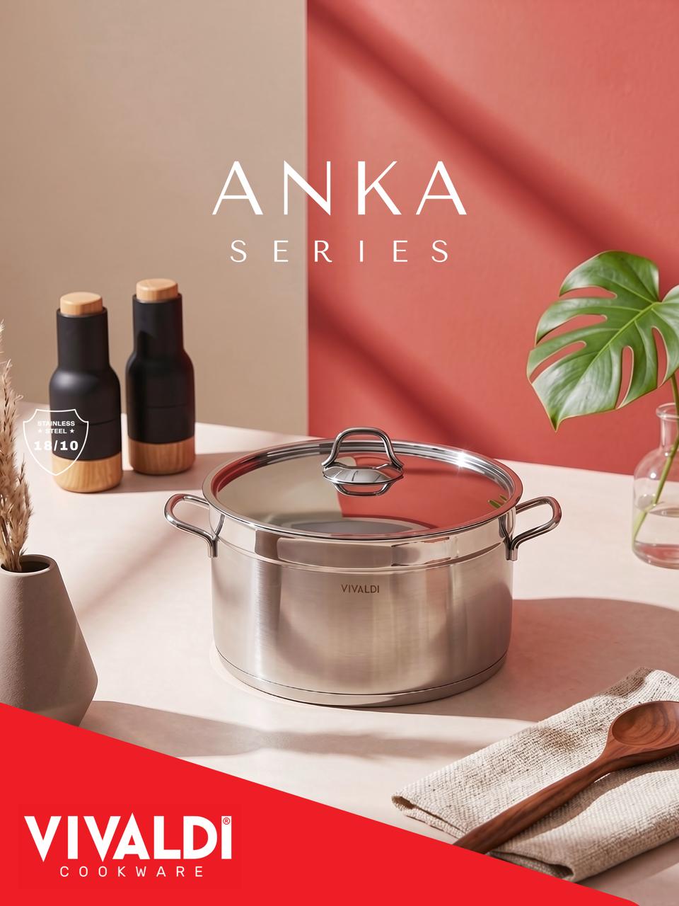 ANKA 22-PIECE STAINLESS STEEL COOKWARE SET - STAINLESS STEEL HANDLES