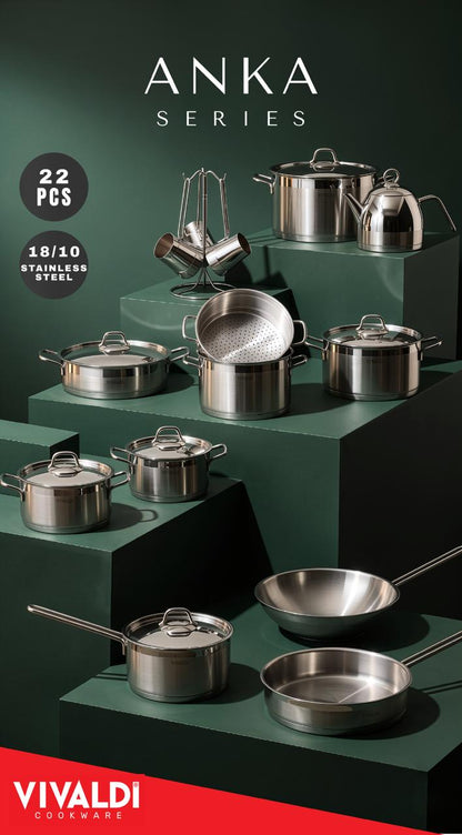 ANKA 22-PIECE STAINLESS STEEL COOKWARE SET - STAINLESS STEEL HANDLES