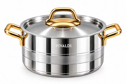 ELEGANCE 13-PIECE STAINLESS STEEL COOKWARE SET - GOLD HANDLES