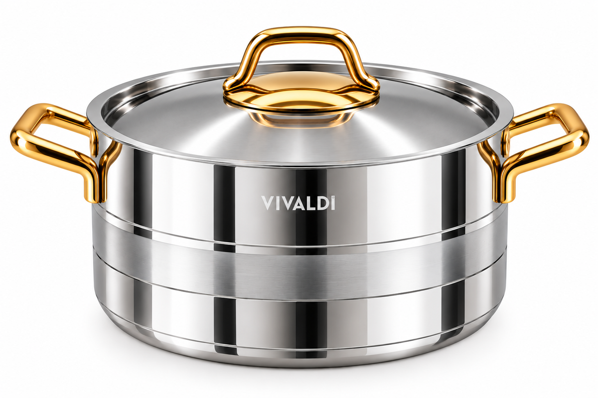ELEGANCE 13-PIECE STAINLESS STEEL COOKWARE SET - GOLD HANDLES