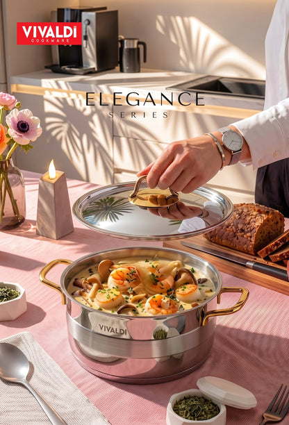 ELEGANCE 13-PIECE STAINLESS STEEL COOKWARE SET - GOLD HANDLES