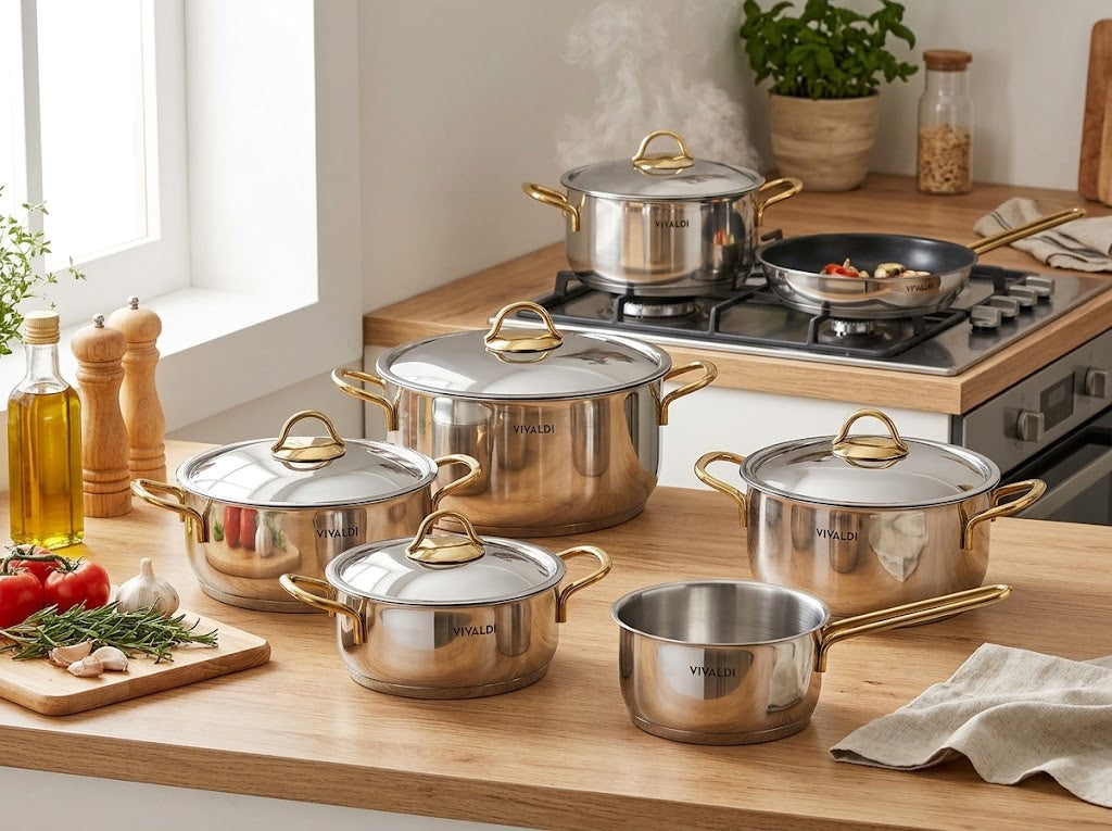 ANKA 11-PIECE STAINLESS STEEL COOKWARE SET - GOLD HANDELS