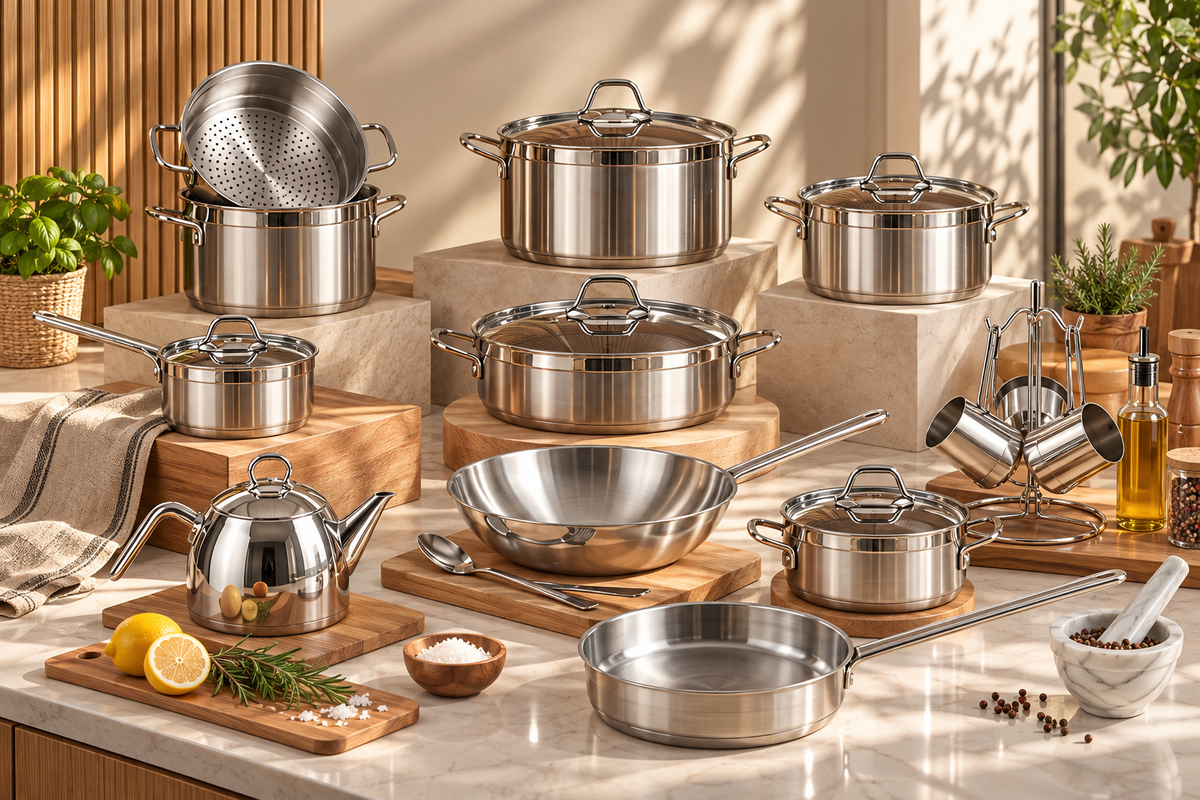 ANKA 22-PIECE STAINLESS STEEL COOKWARE SET - STAINLESS STEEL HANDLES