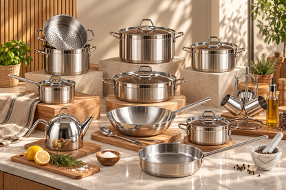 ANKA 22-PIECE STAINLESS STEEL COOKWARE SET - STAINLESS STEEL HANDLES