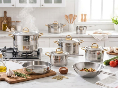 ELEGANCE 13-PIECE STAINLESS STEEL COOKWARE SET - GOLD HANDLES