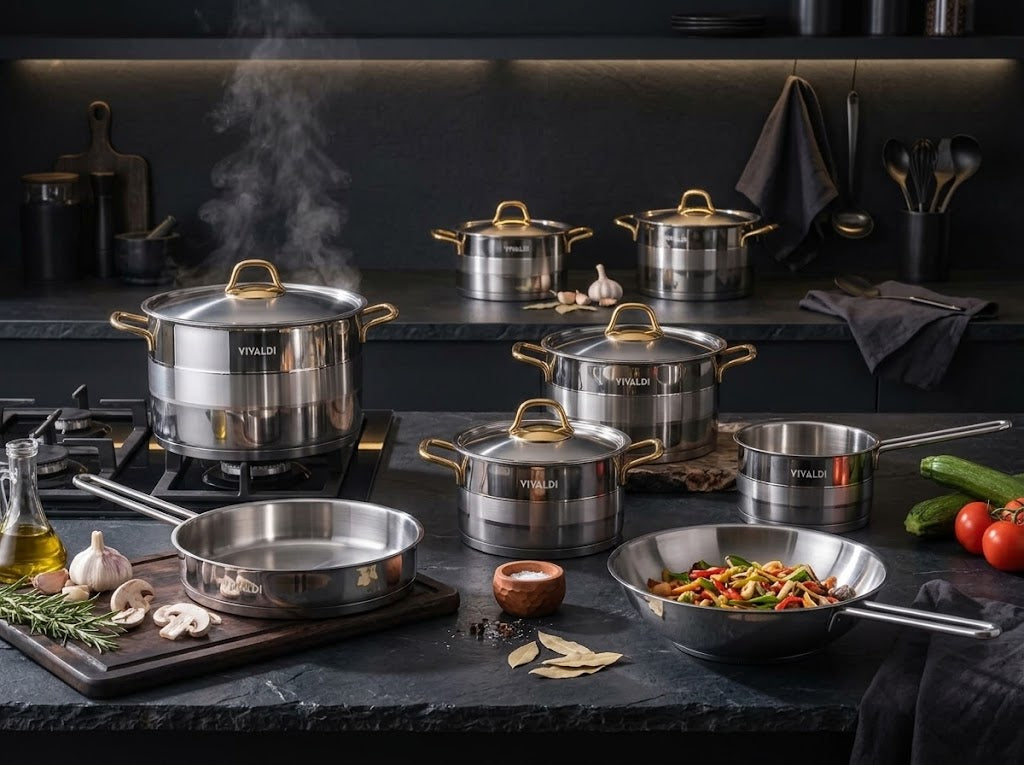 ELEGANCE 13-PIECE STAINLESS STEEL COOKWARE SET - GOLD HANDLES