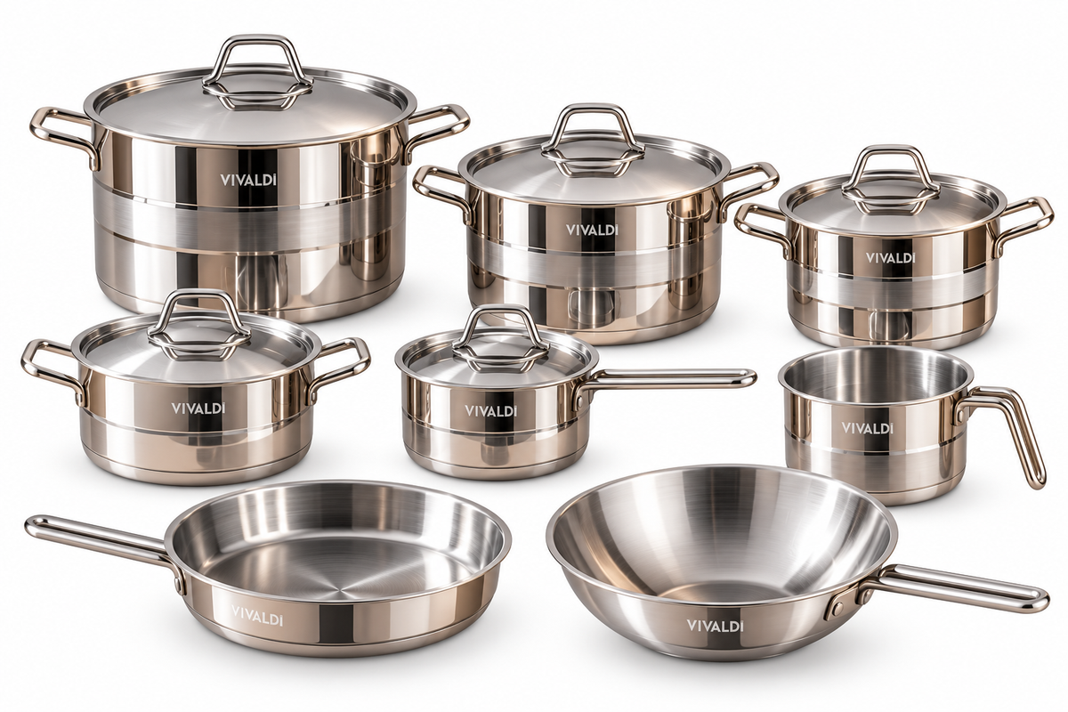 ELEGANCE 13-PIECE STAINLESS STEEL COOKWARE SET - COPPER HANDELS