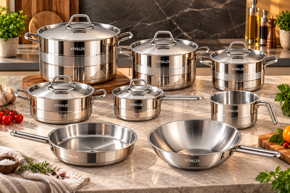 ELEGANCE 13-PIECE STAINLESS STEEL COOKWARE SET - COPPER HANDELS