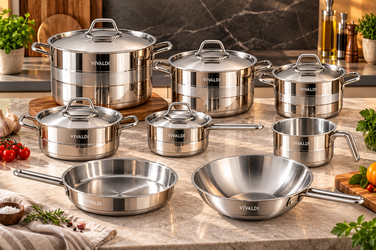 ELEGANCE 13-PIECE STAINLESS STEEL COOKWARE SET - COPPER HANDELS
