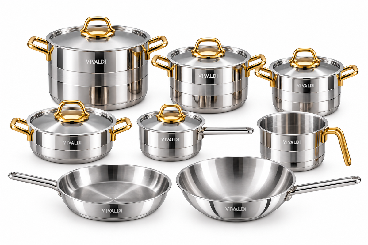 ELEGANCE 13-PIECE STAINLESS STEEL COOKWARE SET - GOLD HANDLES