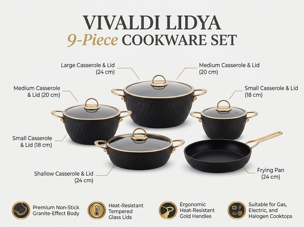 LIDYA DIAMOND 9-PIECE GRANITE COOKWARE SET